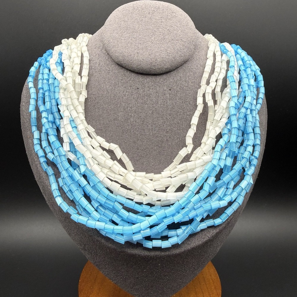 Vintage Multi Strand Aqua Blue White Heishi Tube Bead Necklace Mid Century Japan